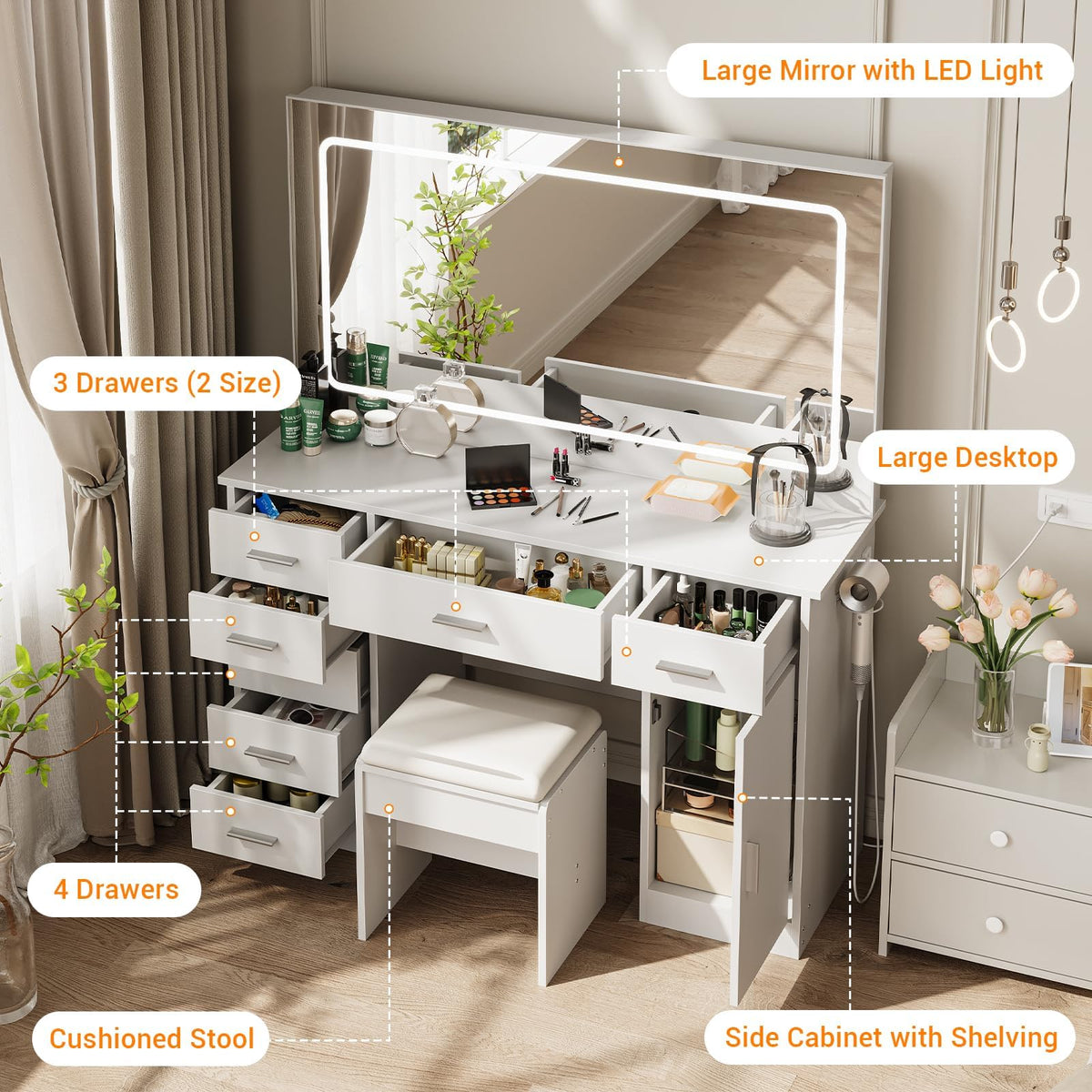 White 7 Drawer Vanity Desk with LED Mirror E3087