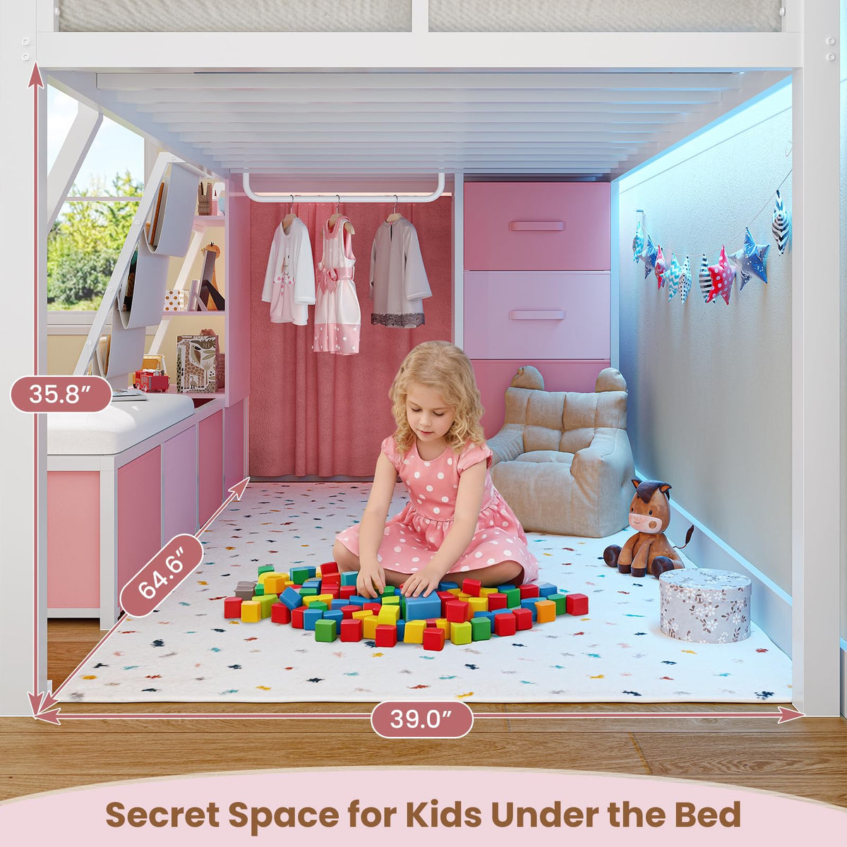Twin Loft Bed with 7 Storage Drawers, Bookshelf, LED Lights & Guardrail, White & Pink Z355001