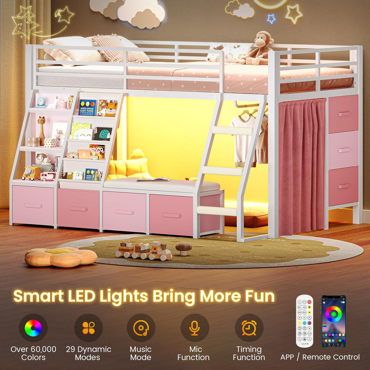 Twin Loft Bed with 7 Storage Drawers, Bookshelf, LED Lights & Guardrail, White & Pink Z355001