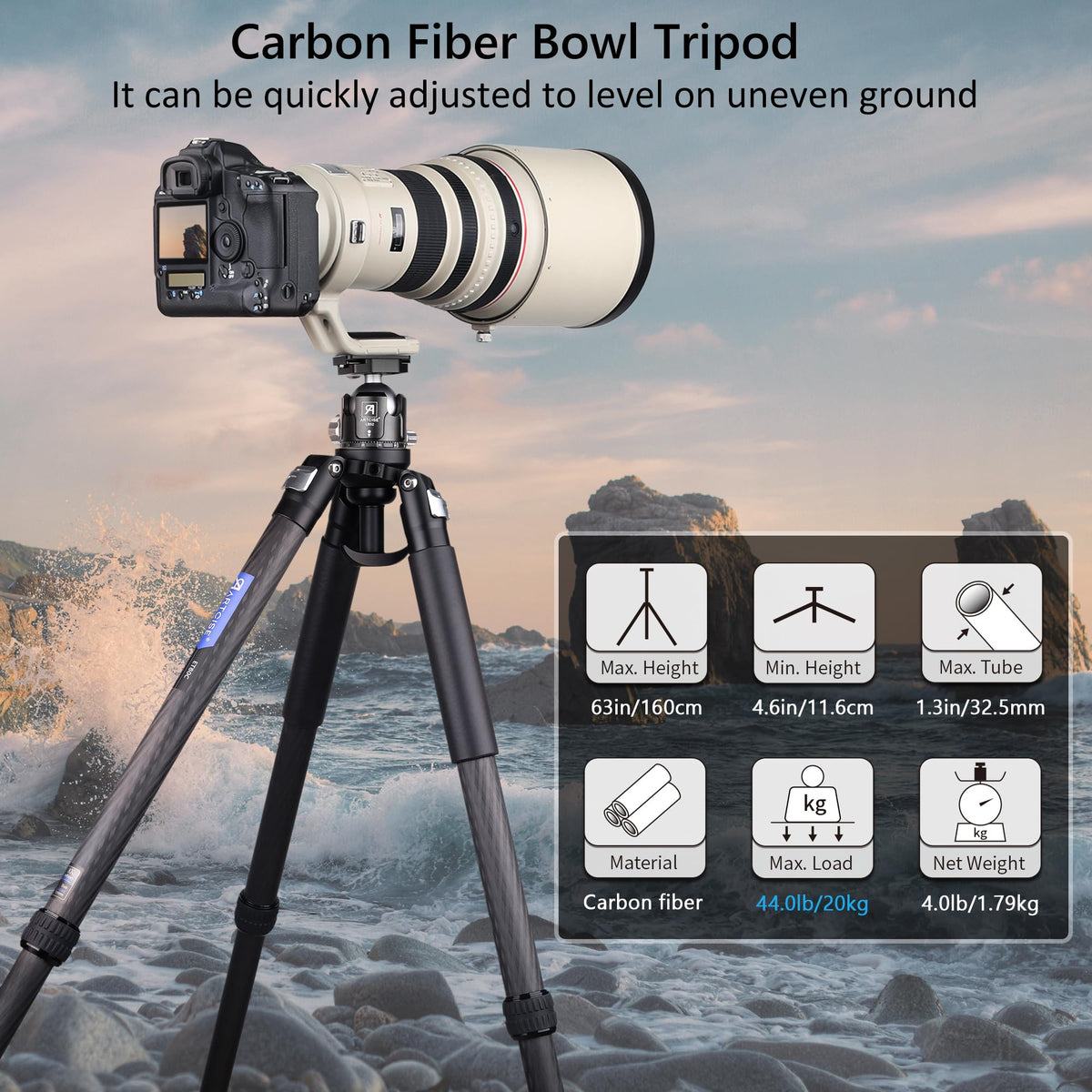Carbon Fiber 32mm Tube Camera Tripod with 65mm Bowl Adapter W377225