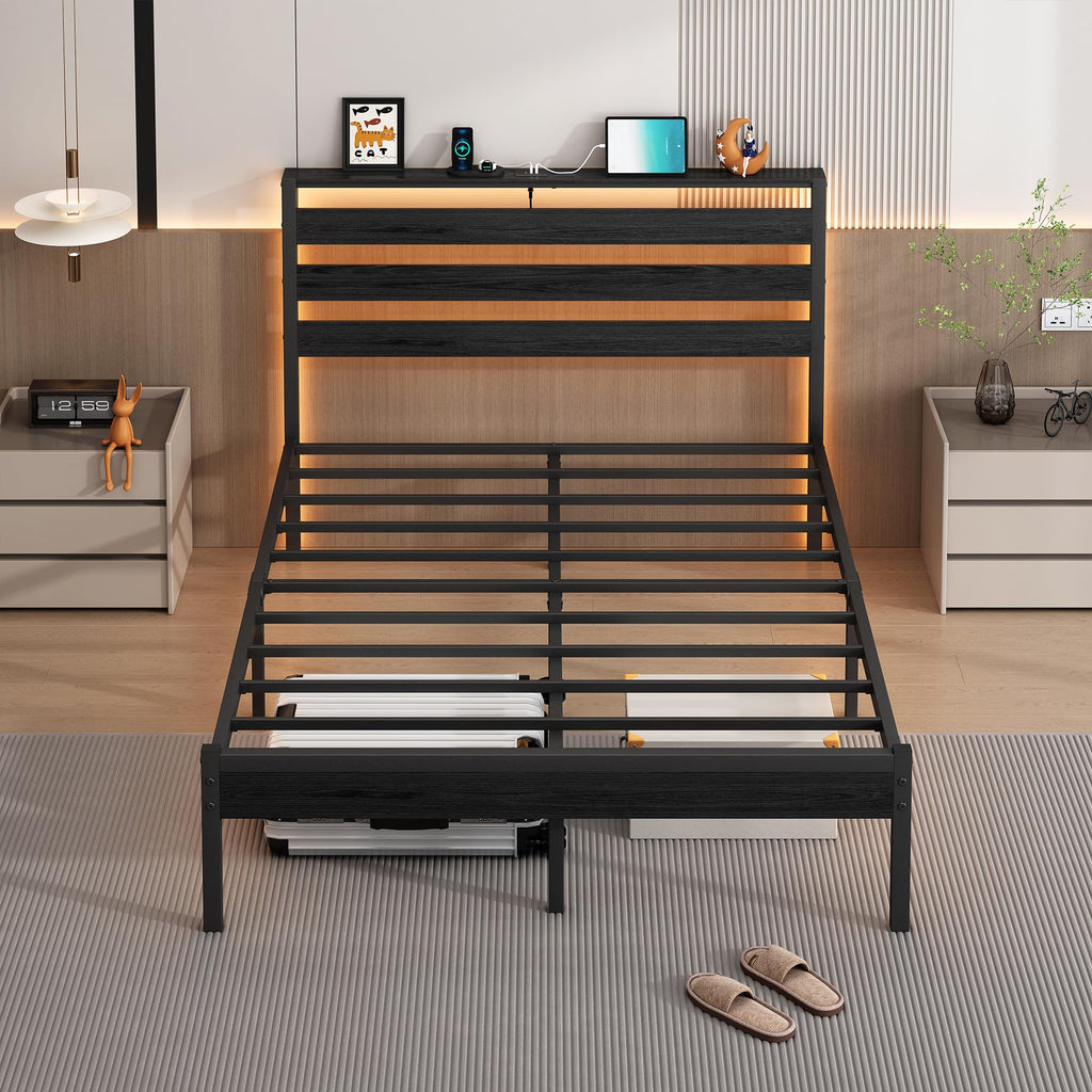 14 Inch Metal Platform Bed Frame with Headboard and USB Charging Station F499529