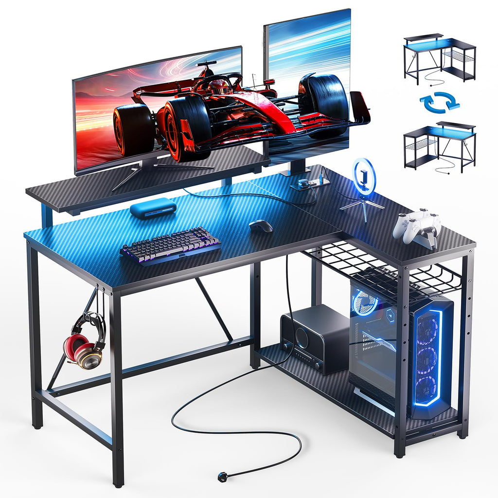 42-Inch L-Shaped Computer Desk with Charging & LED, Black Q447