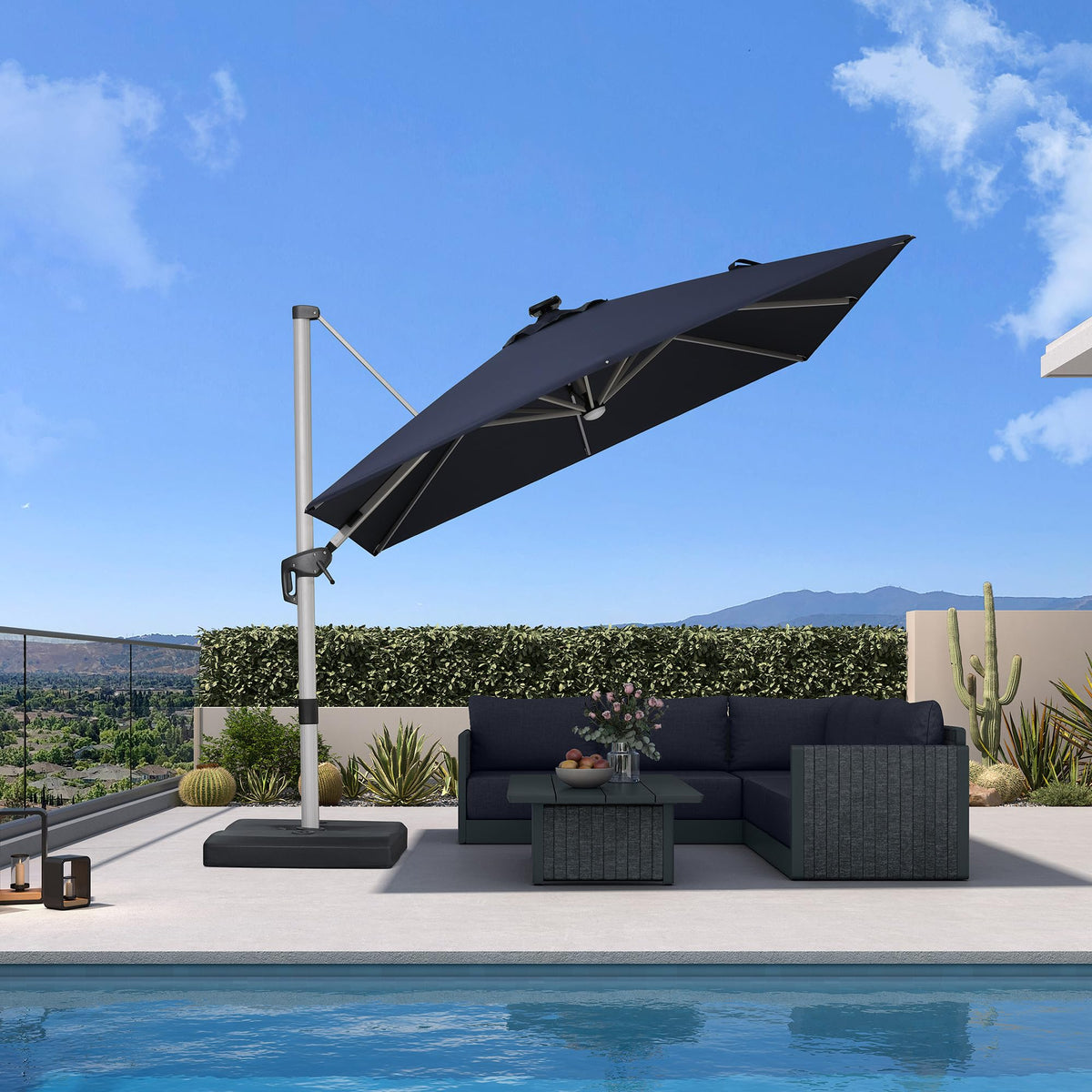 Navy Blue 10' X 10' Solar LED Patio Umbrella with Base X5679