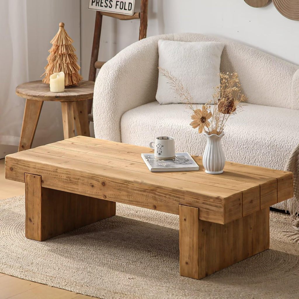Solid Pine Wood Coffee Table, Rectangular Chunky Block Legs J5847