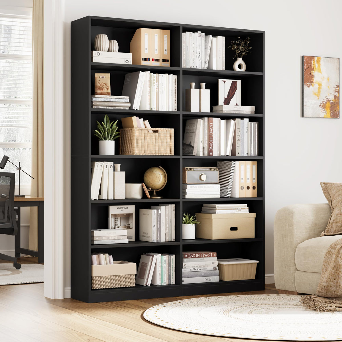 Black 6-Tier Double Wide Bookshelf K107