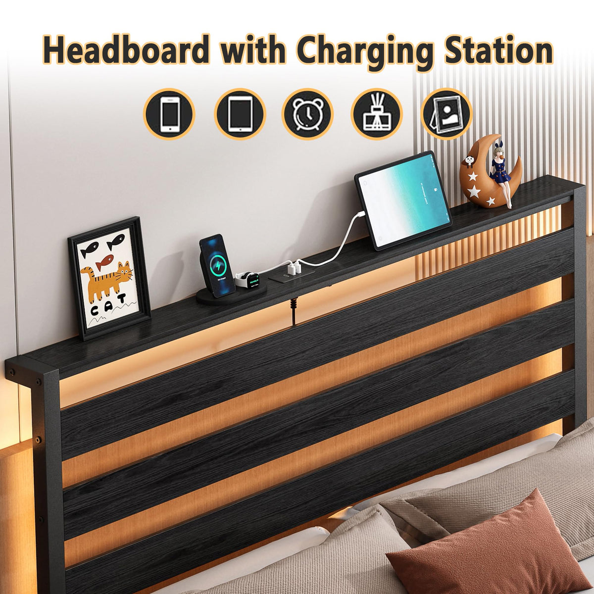 14 Inch Metal Platform Bed Frame with Headboard and USB Charging Station F499529