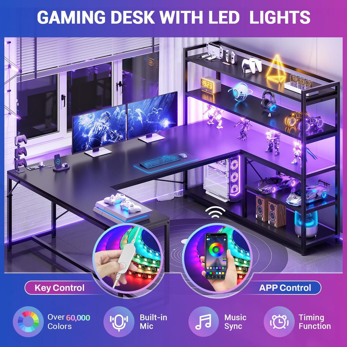 Black L Shaped Gaming Desk with Power Outlet and Storage Shelves Z53243