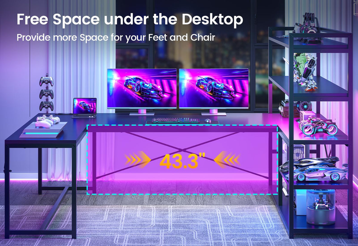 Black L Shaped Gaming Desk with Power Outlet and Storage Shelves Z53243