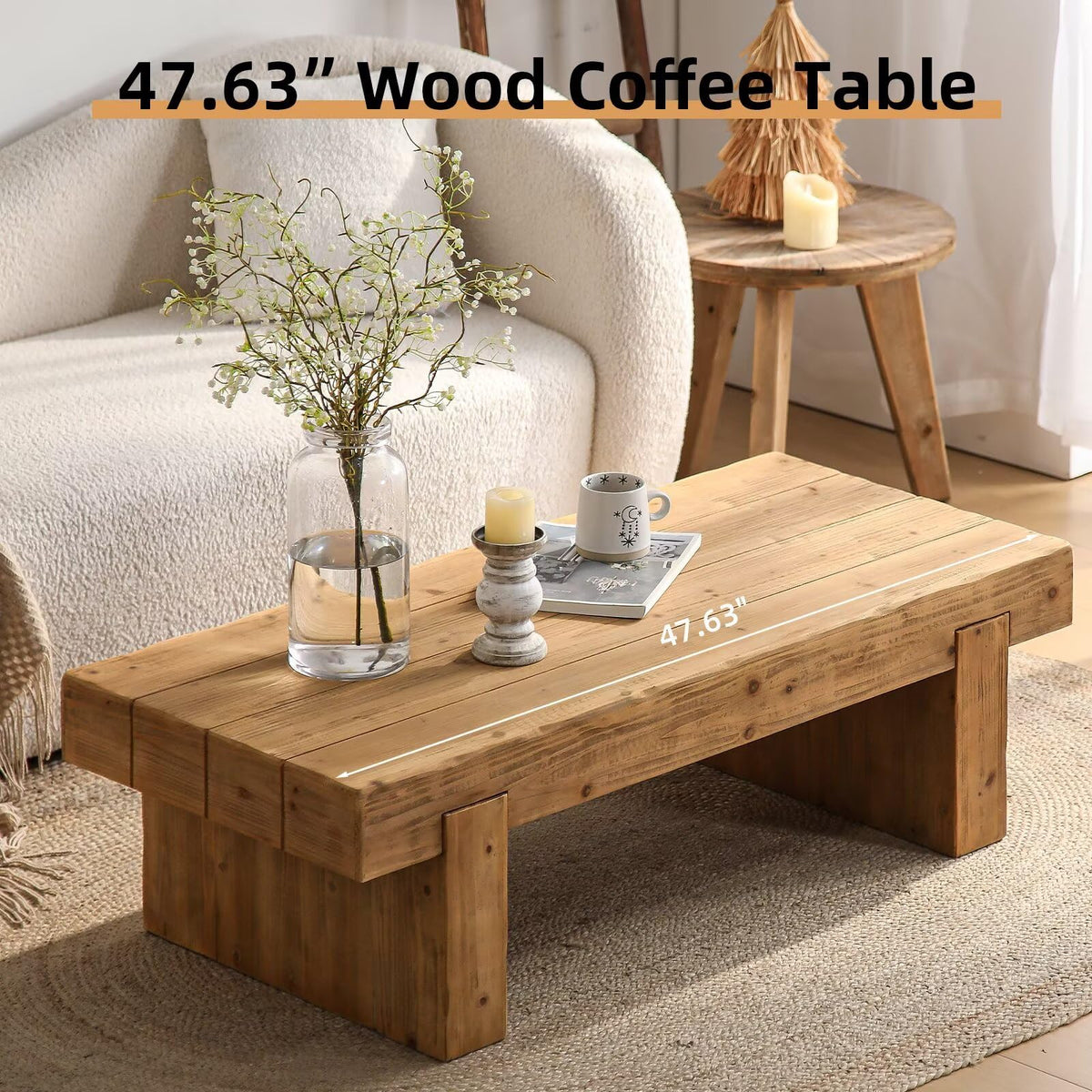 Solid Pine Wood Coffee Table, Rectangular Chunky Block Legs J5847