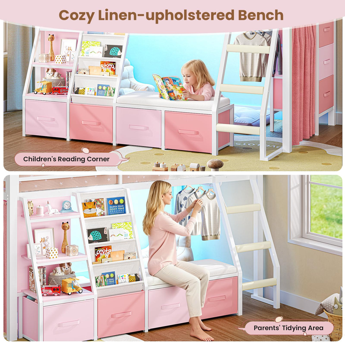 Twin Loft Bed with 7 Storage Drawers, Bookshelf, LED Lights & Guardrail, White & Pink Z355001