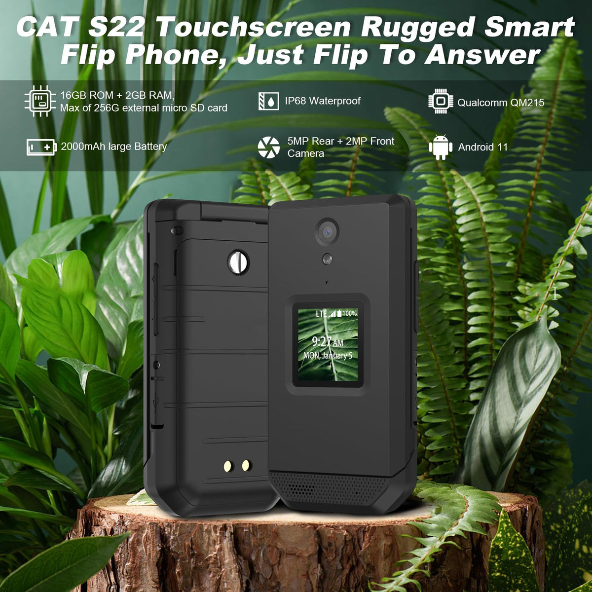 Unlocked Rugged Flip Phone 16GB 2.8'' Touchscreen Android 11 IP68 Water Resistant 4G LTE GSM Single Sim Black E955