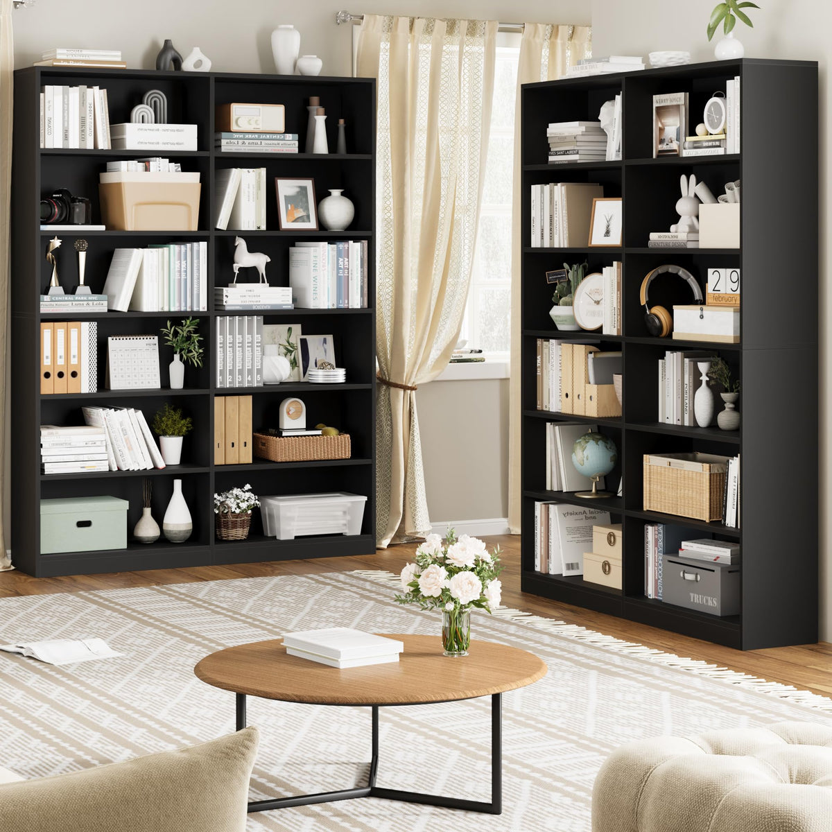 Black 6-Tier Double Wide Bookshelf K107