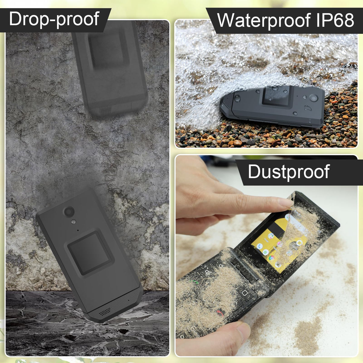 Unlocked Rugged Flip Phone 16GB 2.8'' Touchscreen Android 11 IP68 Water Resistant 4G LTE GSM Single Sim Black E955