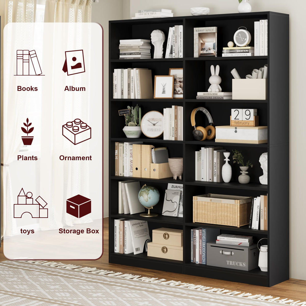 Black 6-Tier Double Wide Bookshelf K107