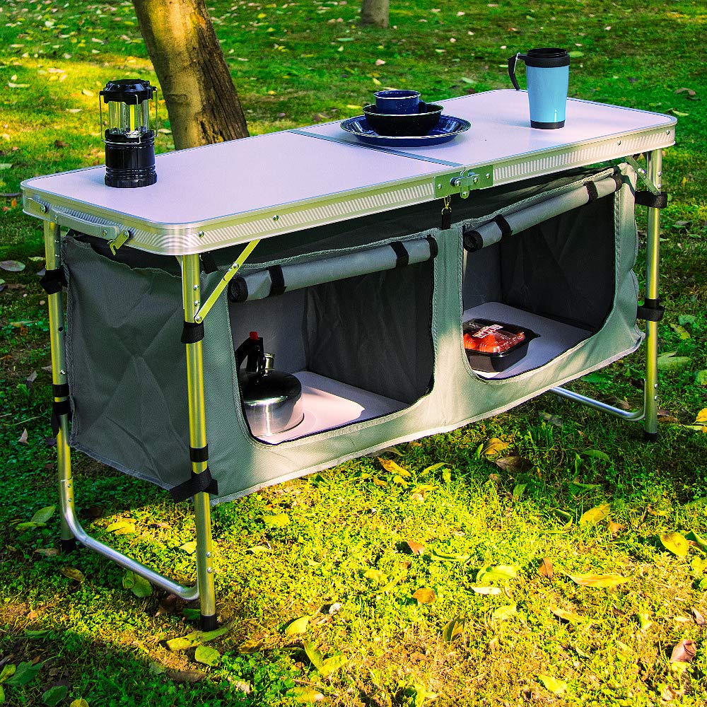 Aluminum Lightweight Height Adjustable Folding Table with Storage Organizer C6169