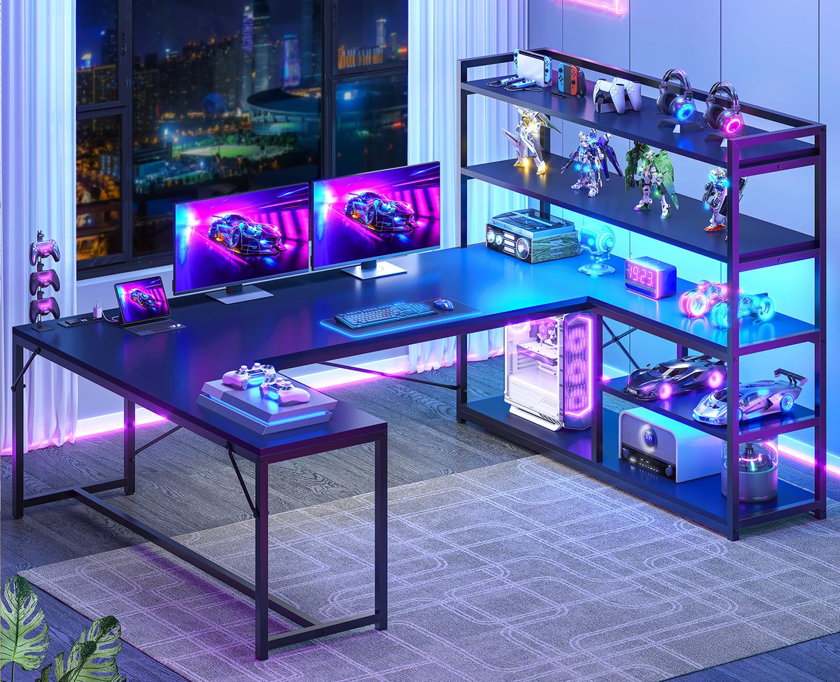 Black L Shaped Gaming Desk with Power Outlet and Storage Shelves Z53243
