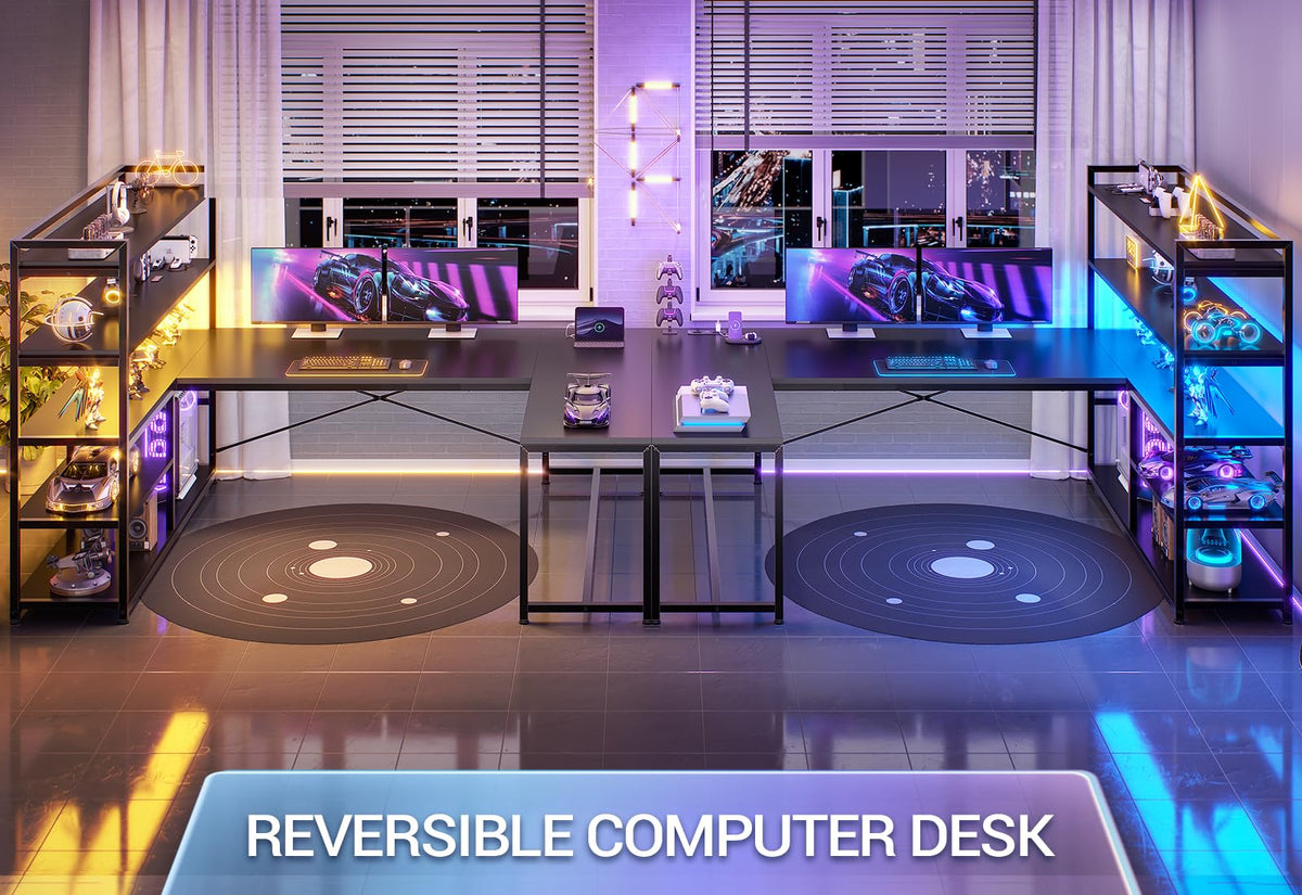 Black L Shaped Gaming Desk with Power Outlet and Storage Shelves Z53243