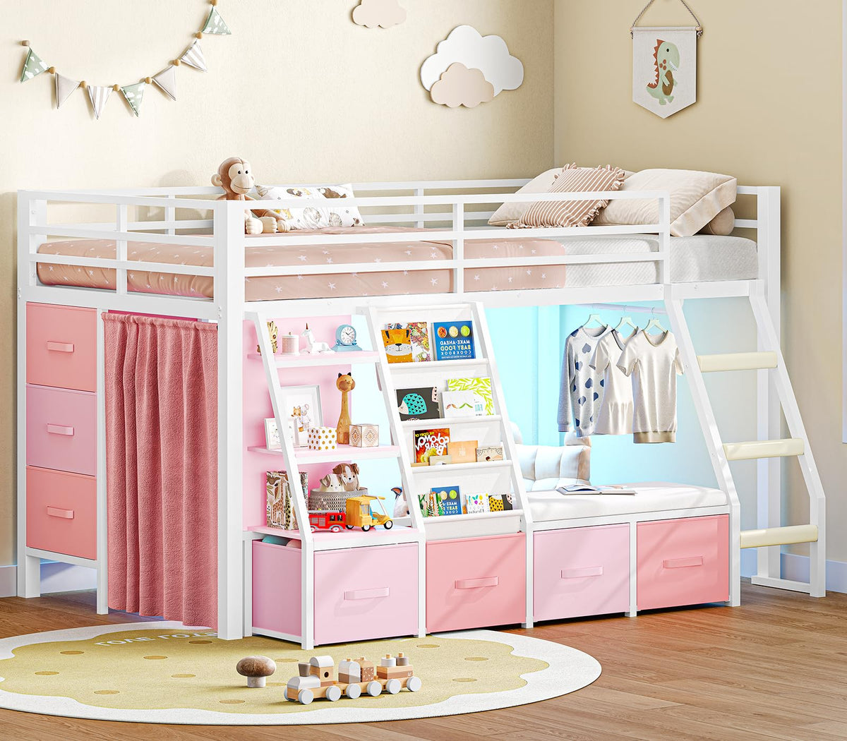 Twin Loft Bed with 7 Storage Drawers, Bookshelf, LED Lights & Guardrail, White & Pink Z355001