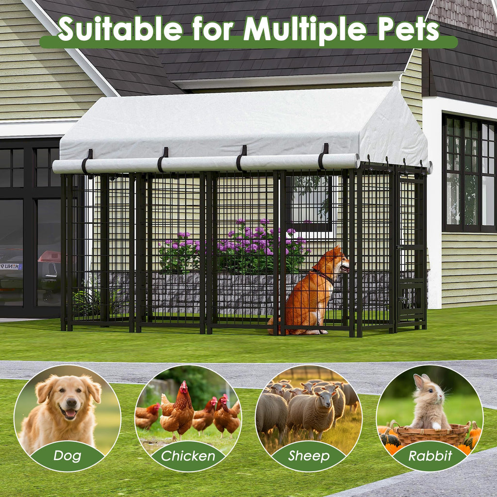 8x4x6 FT Metal Dog Kennel with 2 Dog Bowls D73006