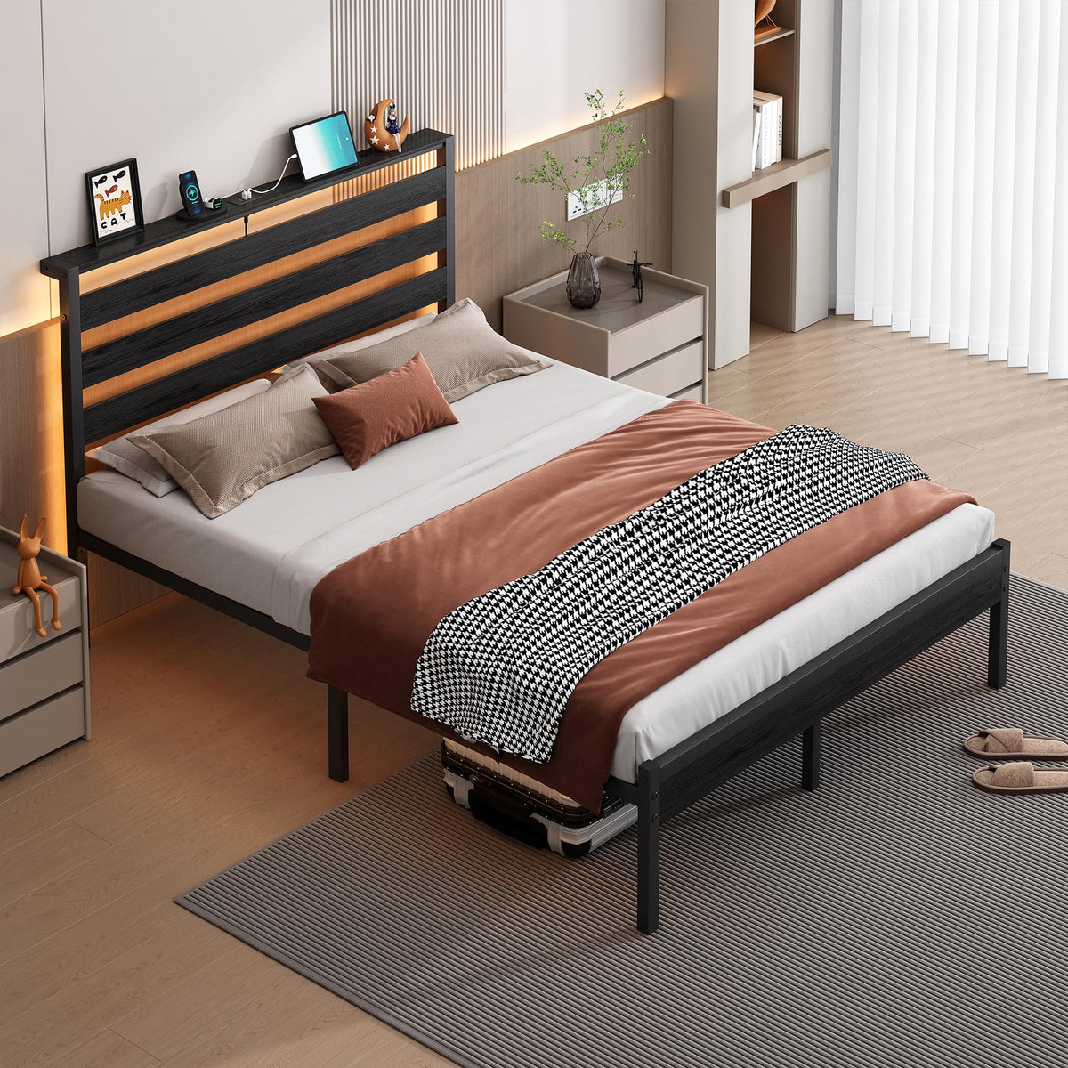 14 Inch Metal Platform Bed Frame with Headboard and USB Charging Station F499529