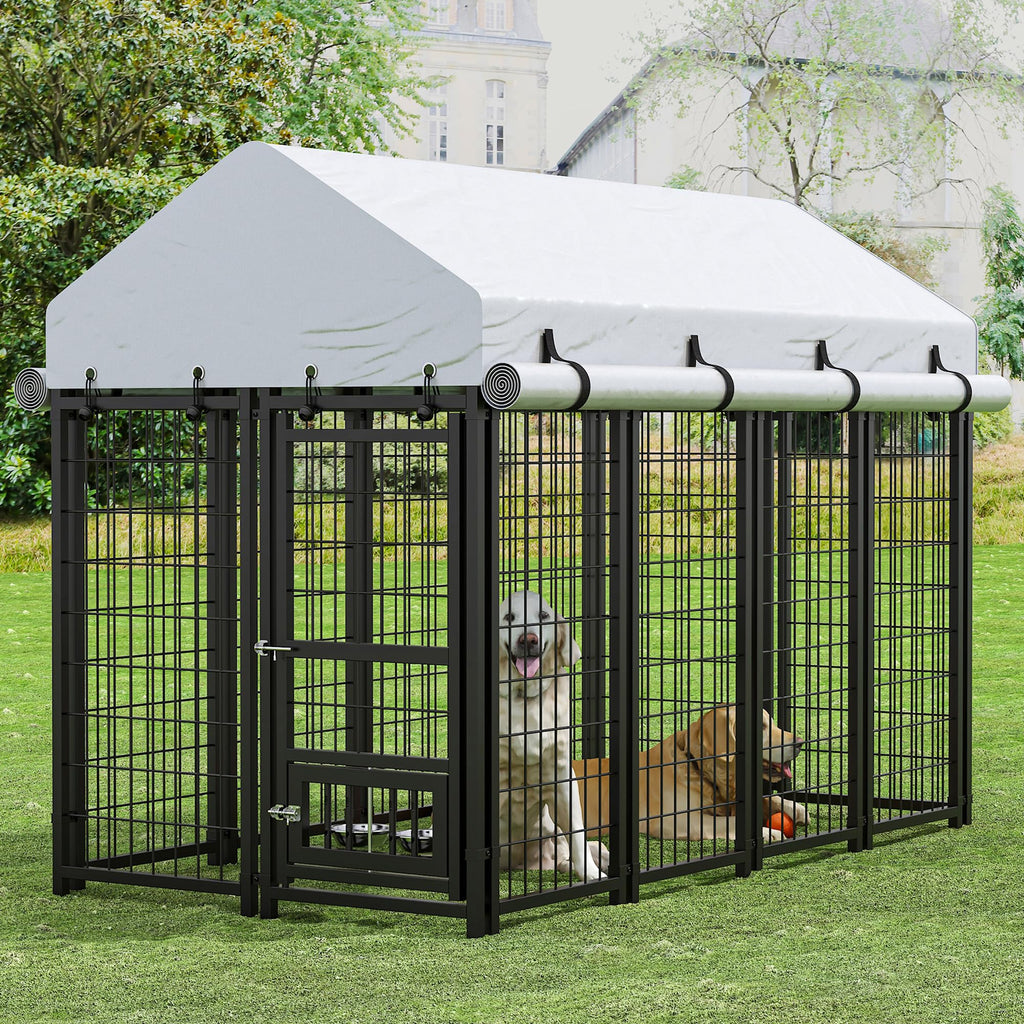 8x4x6 FT Metal Dog Kennel with 2 Dog Bowls D73006