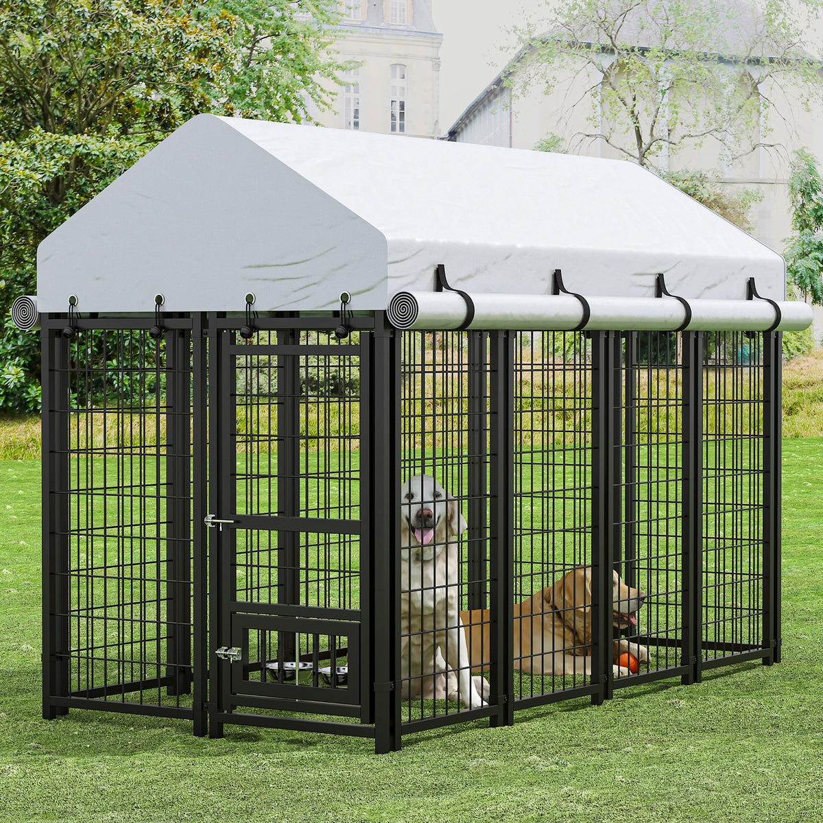 8x4x6 FT Metal Dog Kennel with 2 Dog Bowls D73006