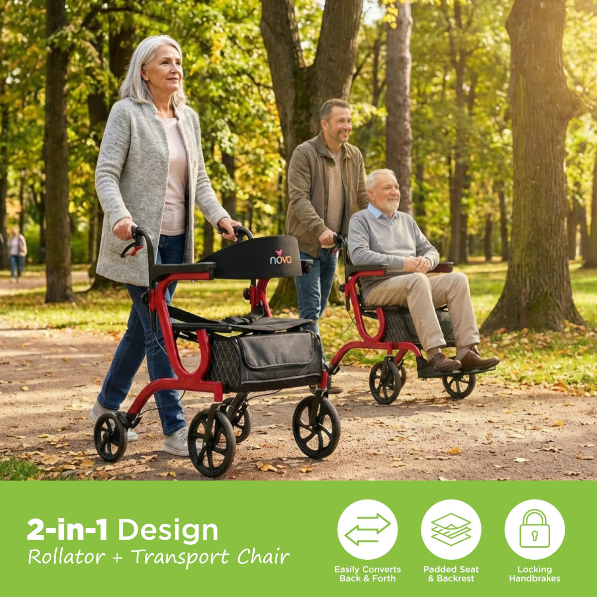 2-in-1 Rollator & Transport Wheelchair with Seat, Red R471858