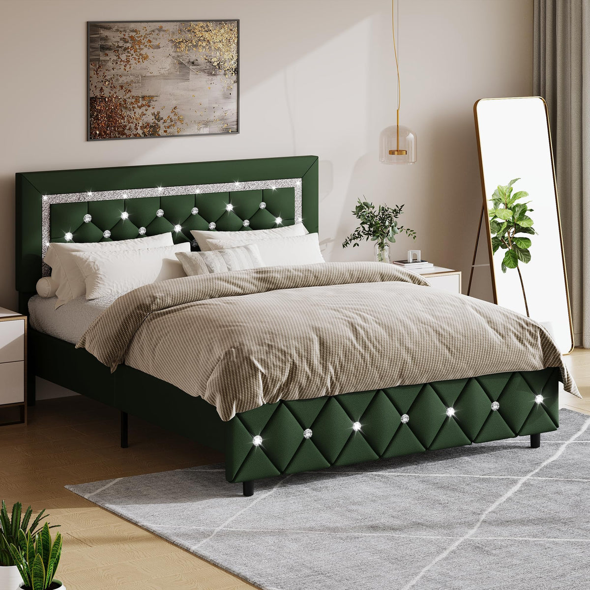 Green Faux Leather Upholstered Bed Frame with Headboard J9616