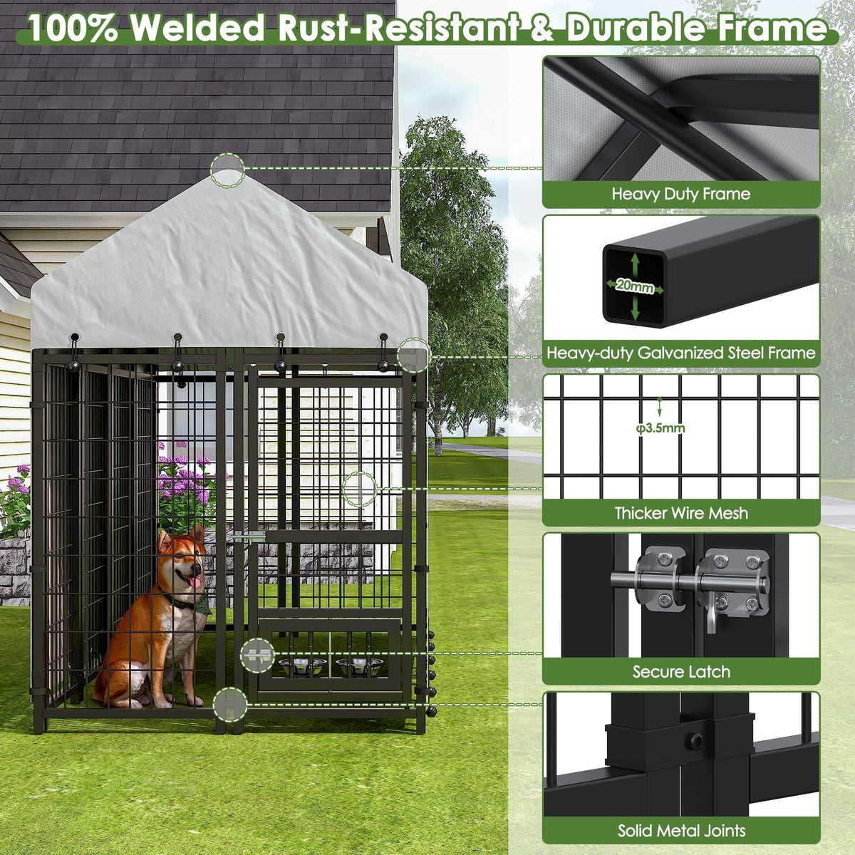 8x4x6 FT Metal Dog Kennel with 2 Dog Bowls D73006