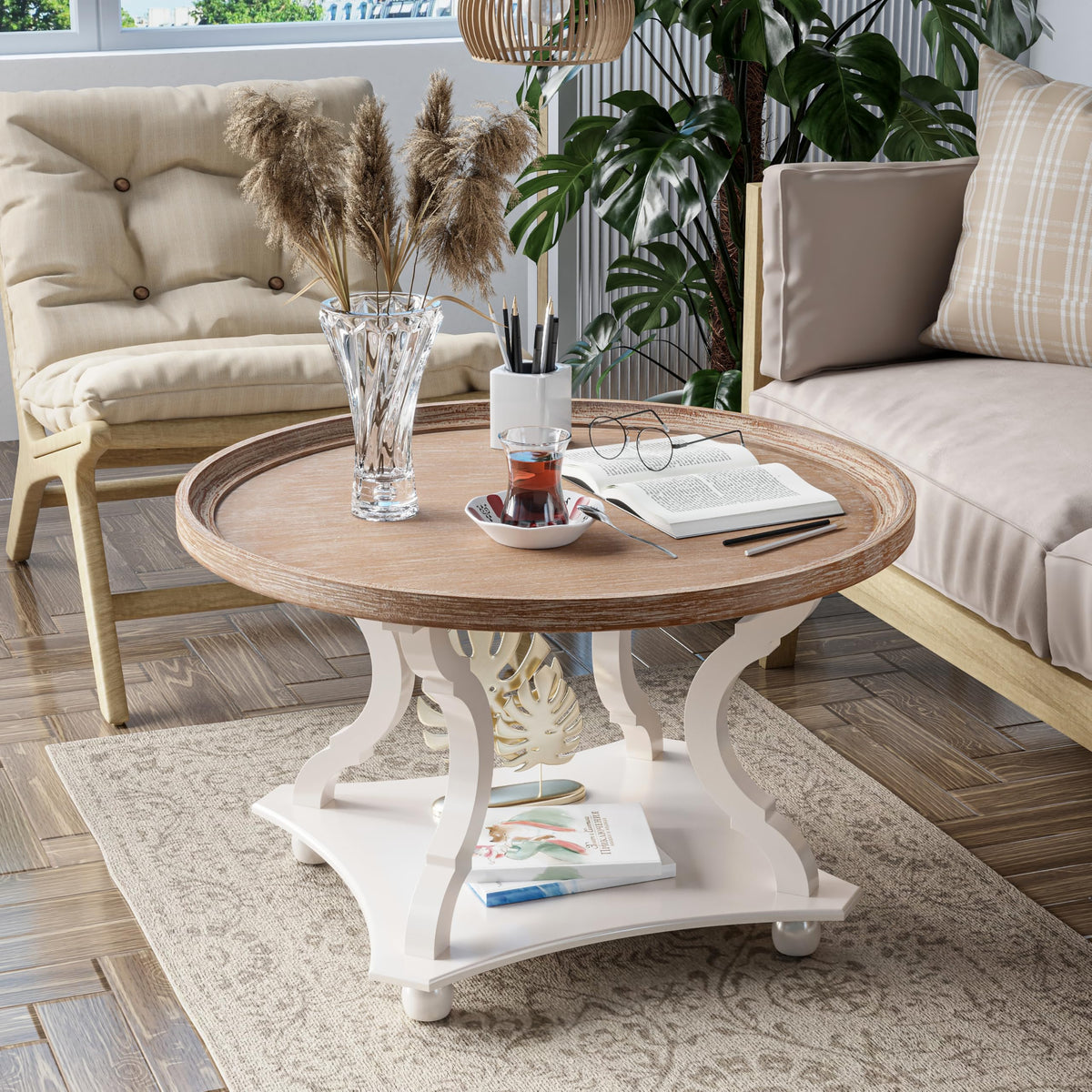Round White Coffee Table with Tray Top A291360