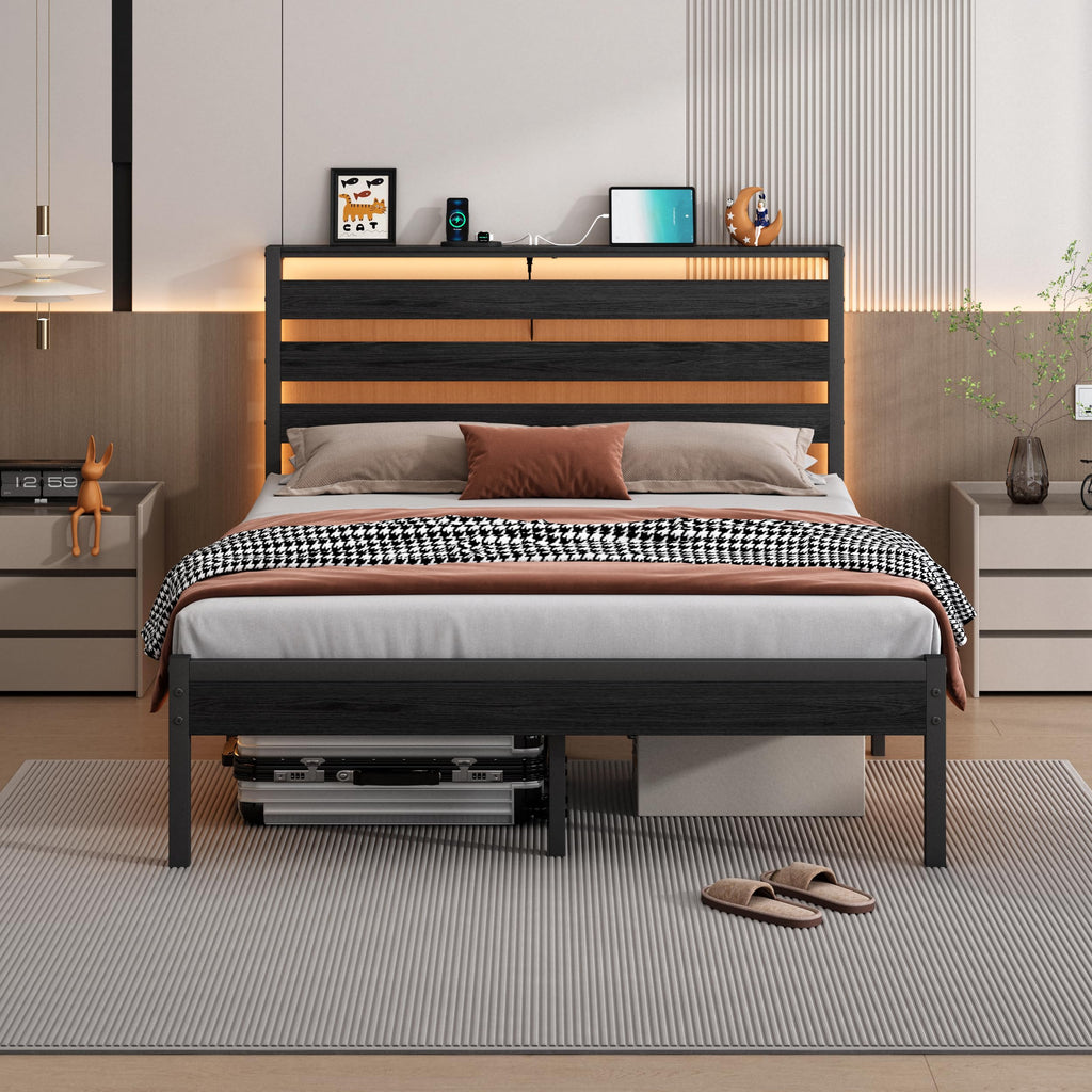 14 Inch Metal Platform Bed Frame with Headboard and USB Charging Station F499529