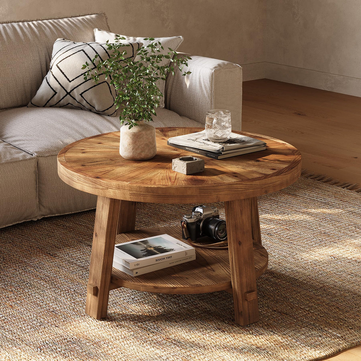 Solid Wood 2-Tier Round Coffee Table with Storage E176723