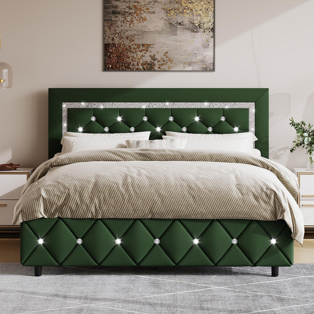Green Faux Leather Upholstered Bed Frame with Headboard J9616