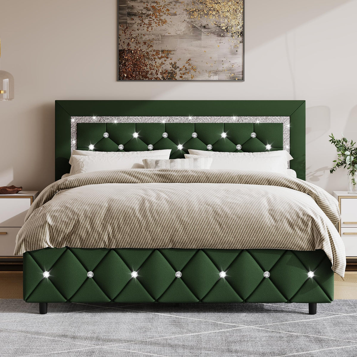 Green Faux Leather Upholstered Bed Frame with Headboard J9616