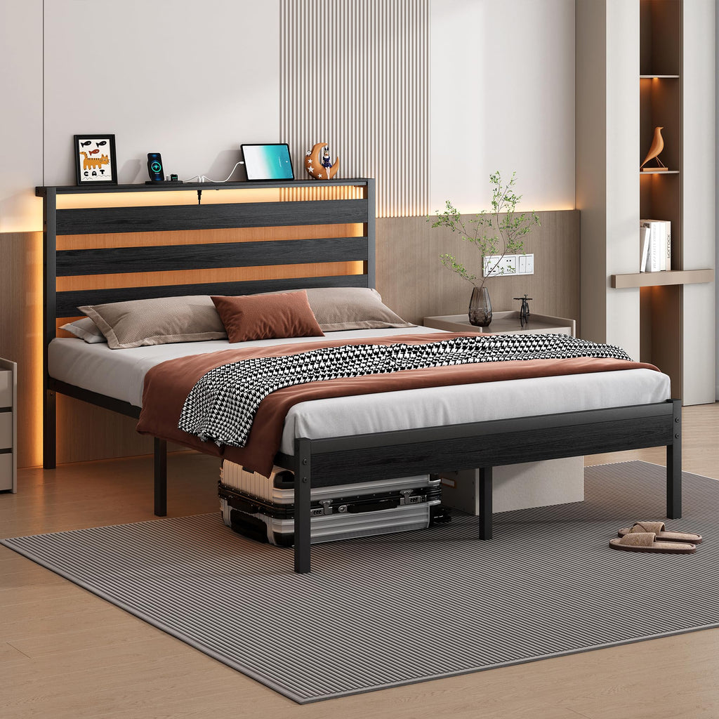 14 Inch Metal Platform Bed Frame with Headboard and USB Charging Station F499529