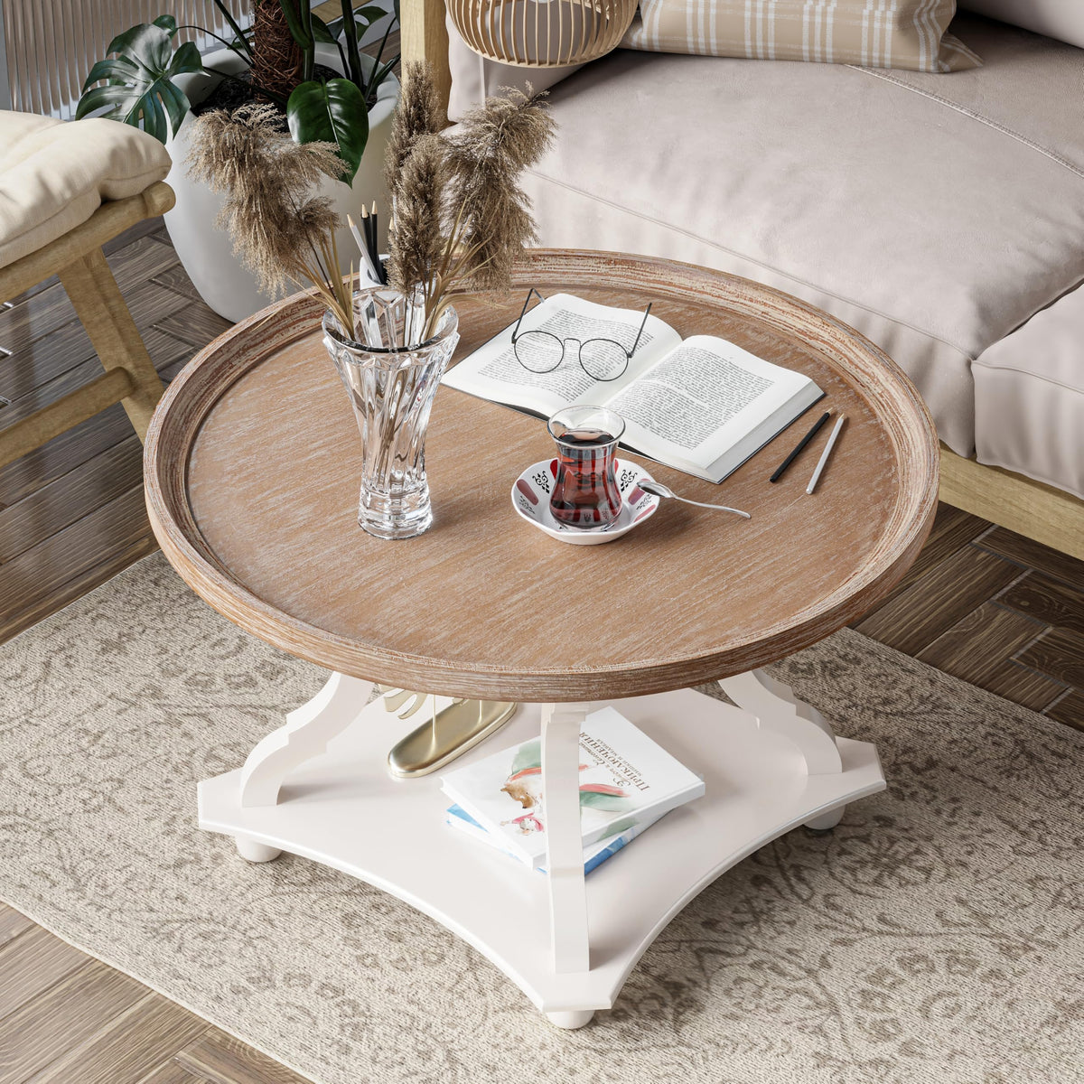 Round White Coffee Table with Tray Top A291360