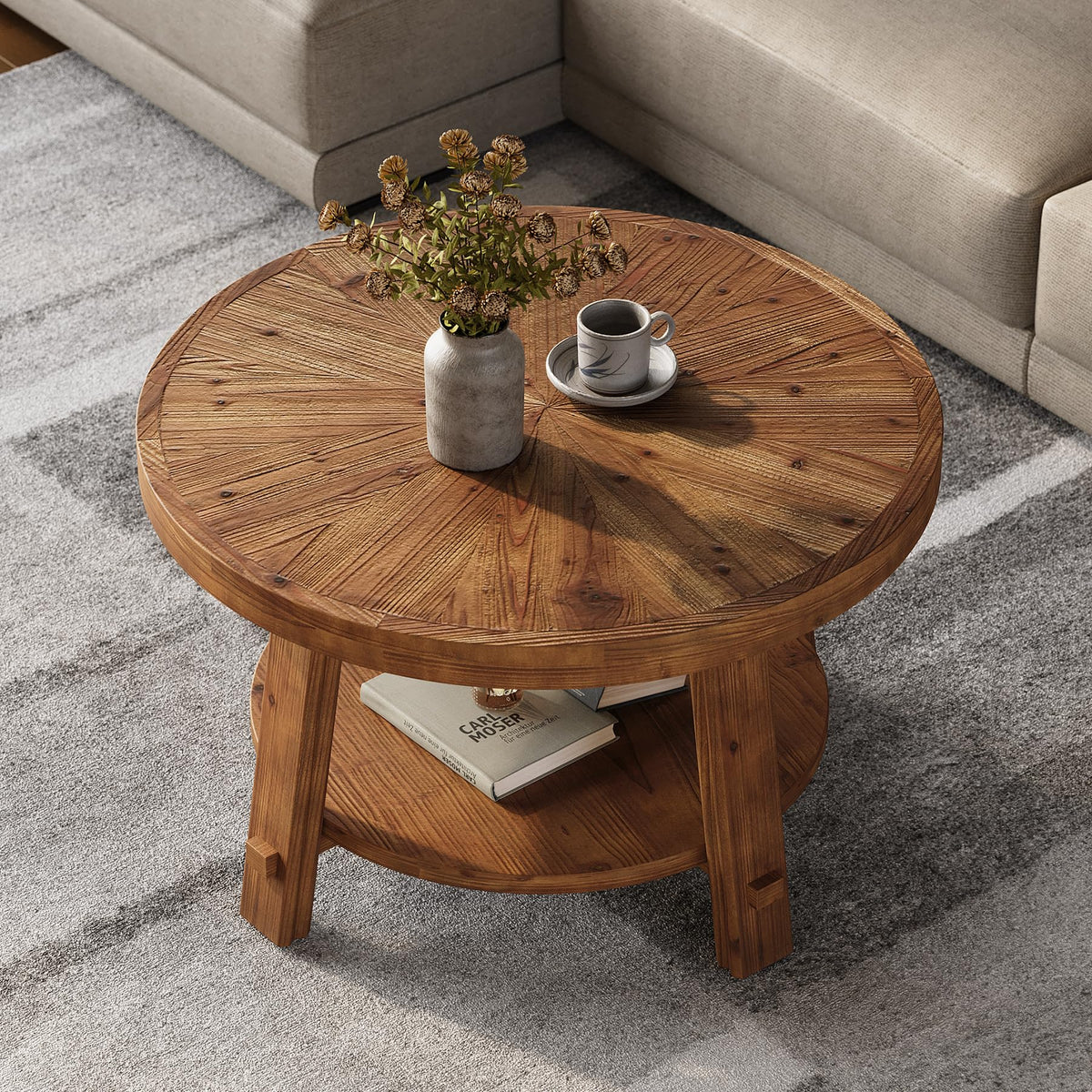 Solid Wood 2-Tier Round Coffee Table with Storage E176723