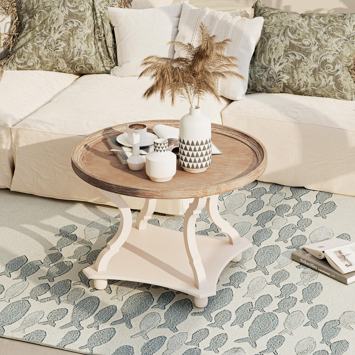 Round White Coffee Table with Tray Top A291360